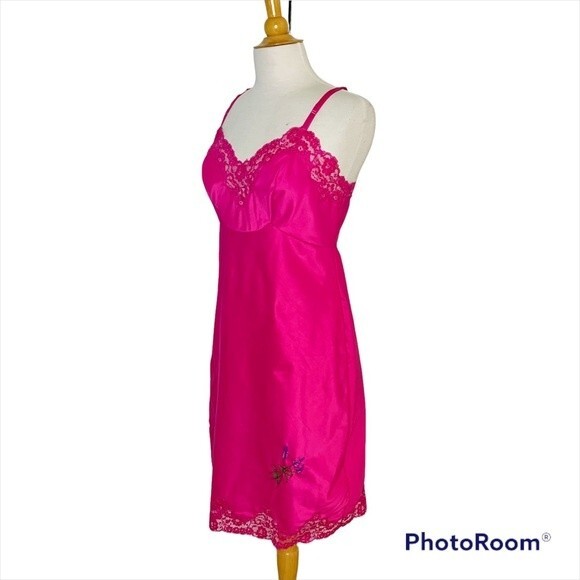 Vintage Lingerie Fuchsia Pink Barbiecore Embroidered  Slip Nightgown - Small - Picture 4 of 8